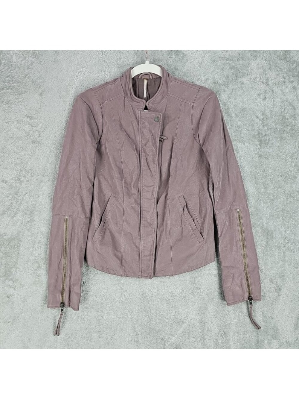 Free People Faux Leather Moto Jacket Womens 8 Purple Zip Front Knit Panels Short
